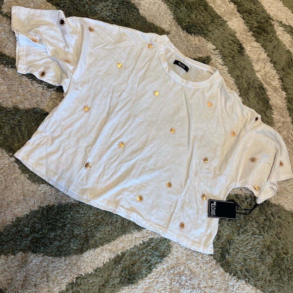 Michael Lauren White Boxy Tee with Gold Suns